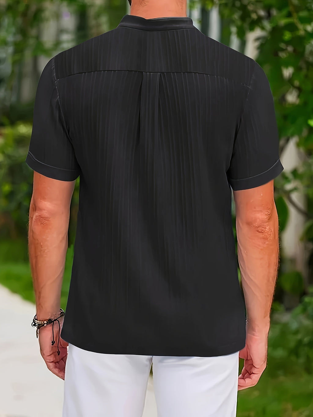 Xenion | Casual Striped Men's Shirt - Short Sleeves, Stand Collar, Non-Elastic