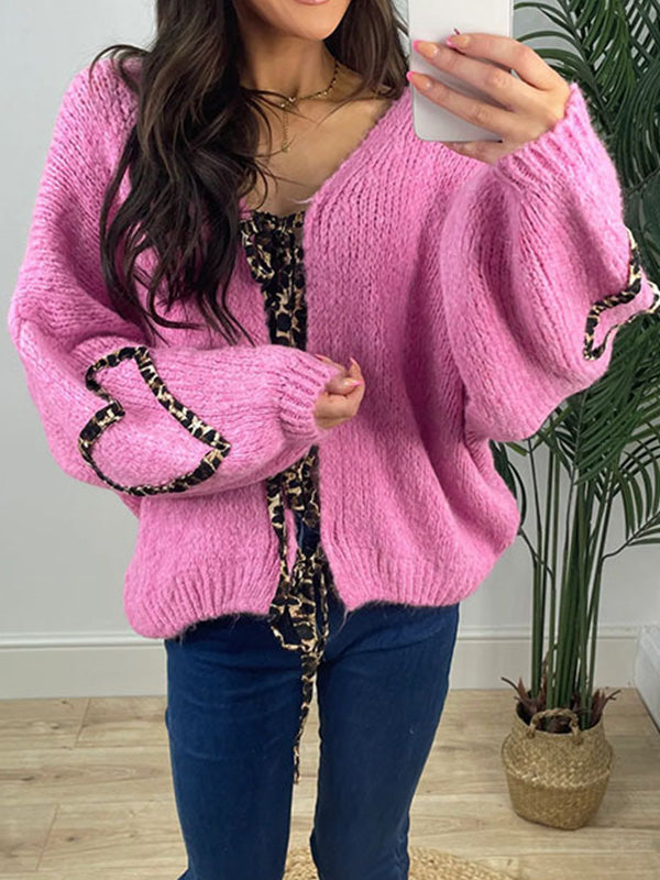 Eliana | Los warm damesvest met trui, luipaardprint met striksluiting, casual gebreid met lange mouwen