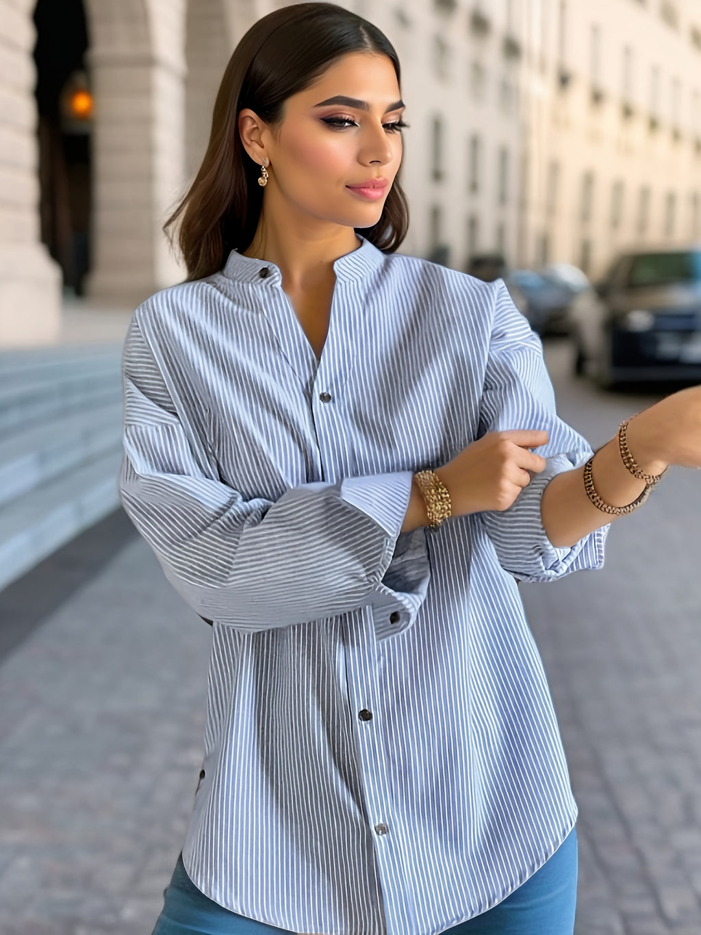 Avielle | Striped V-Neck Women's Blouse - Long Sleeve Button-Up Casual Shirt