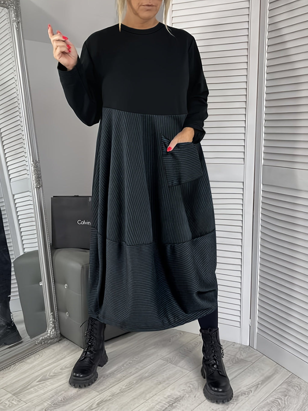 Darynelle | Elegante Zwarte A-Lijn Jurk – Midi Jurk met Lange Mouwen, Flatterende Pasvorm