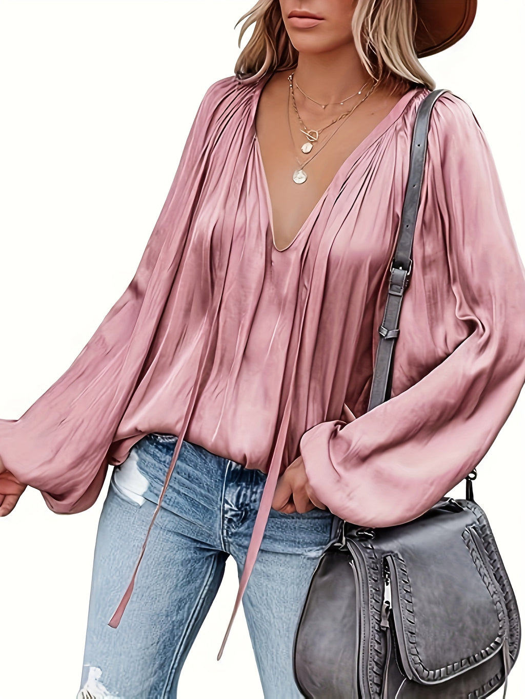 Vaiana | Women's Satin V-Neck Blouse with Lantern Sleeves - Elegant, Loose-Fitting, Dressy Top