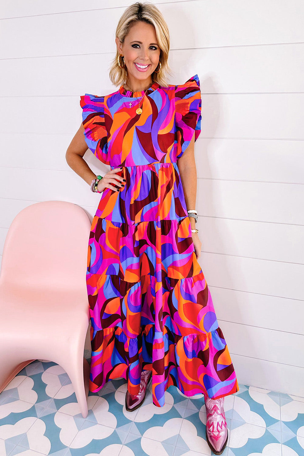 Isha | Women's dress with abstract print and high waist - ruffled sleeves, tiered skirt, flowing and elegant