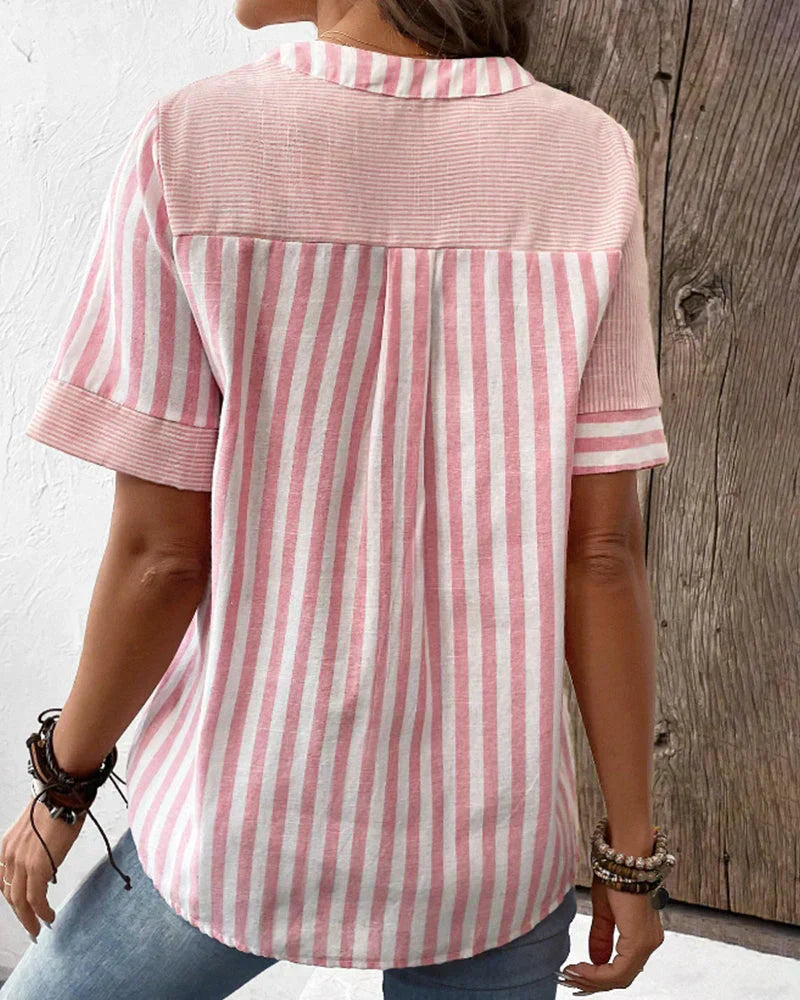Kresimira | Elegante Gestreepte Patchwork Blouse - Korte Mouw Casual Shirt voor Vrouwen
