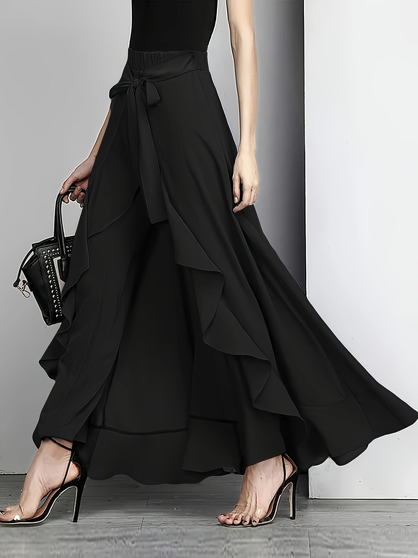 Hynessa | Ruffle women's trousers - wide-leg trousers with high waist and skirt overlay