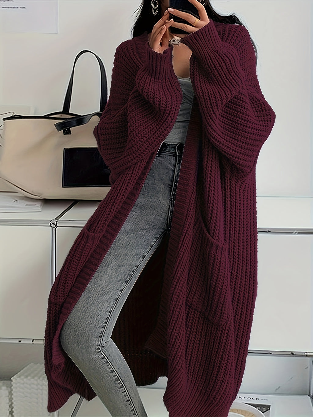 Noomi | Gilet long uni pour femme, ouvert sur le devant, manches longues décontractées et épaules dénudées