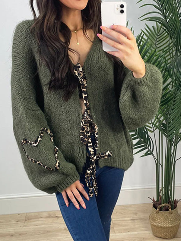 Eliana | Los warm damesvest met trui, luipaardprint met striksluiting, casual gebreid met lange mouwen