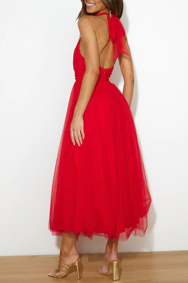 Bellina | Elegant Long Halter Neck Dress - Mesh Fabric