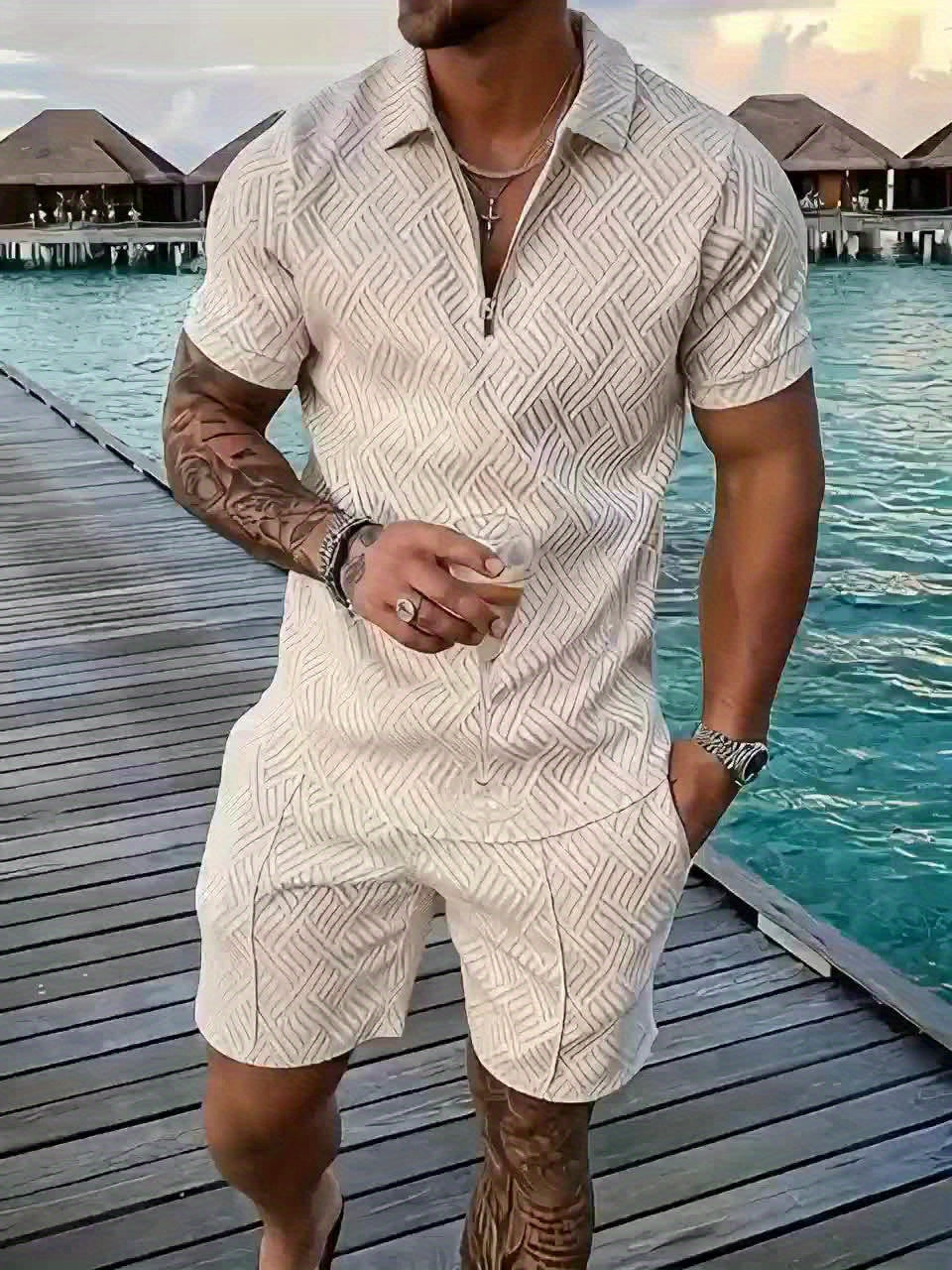 Baldric | Men's Casual Polo Shirt with Woven Geometric Print & Drawstring Shorts Set