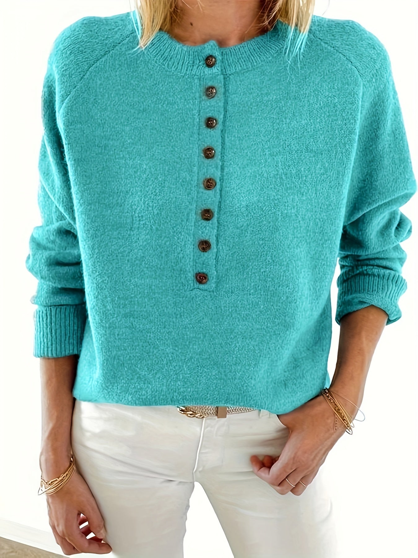 Salla | Pullover met knoopsluiting voor dames, Drop Shoulder, vrijetijdskleding