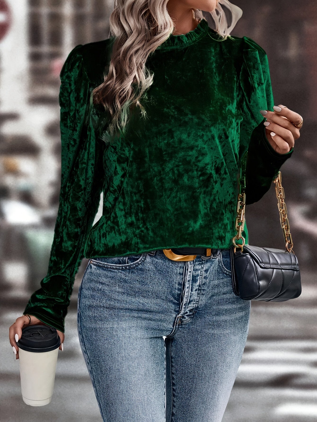 Lorethia | Elegant velvet women's blouse - long sleeves, boat neck with puff sleeves