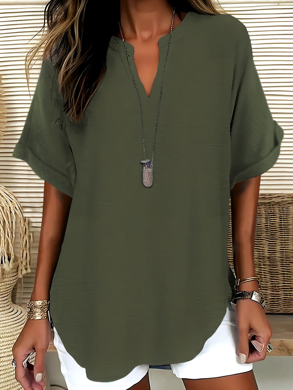 Elaria | Women V-Neck Blouse - Solid Color Loose-Fit Short Sleeve Top