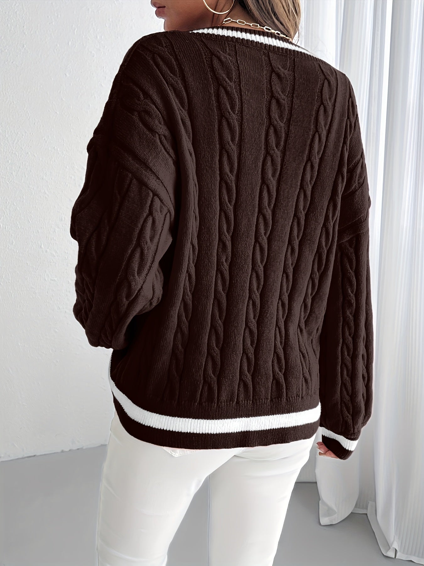Esther | Elegante gebreide trui met V-hals voor vrouwen - Casual Pullover met lange mouwen, Zachte gebreide kabeltop