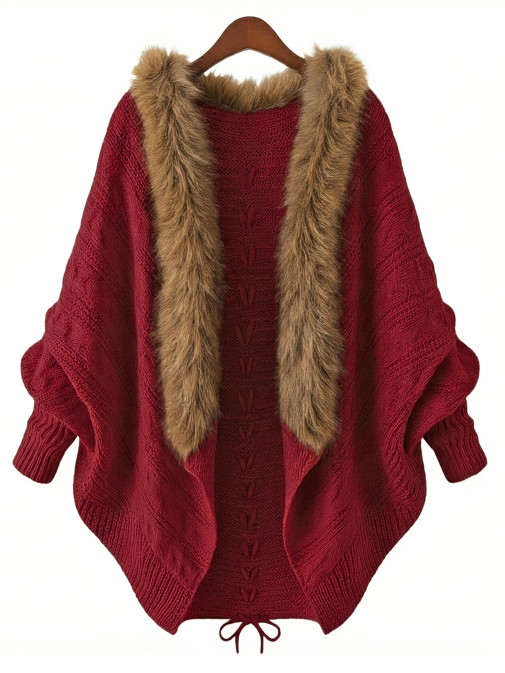 Aemilia | Dikke cape-jas voor dames – met nepbontrand, kabelbreiwerk, warme herfst- en winterjas