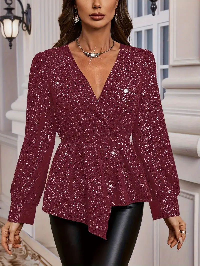 Verena | Women's Sequin V-neck Blouse - Elegant Long Sleeve Top with Ruched Hem
