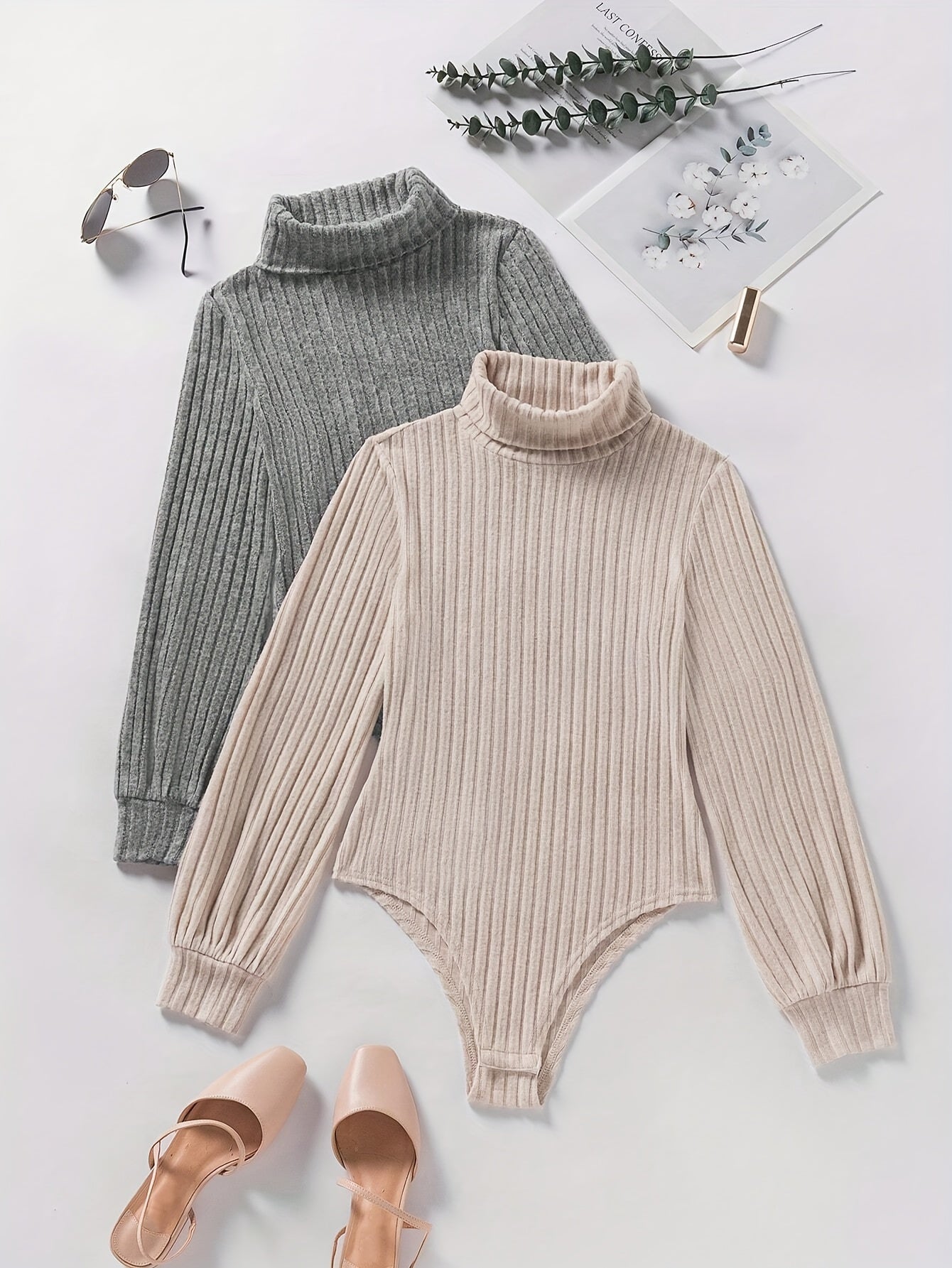 Leontine | Casual ribbed long-sleeved turtleneck bodysuit for women - 2-piece