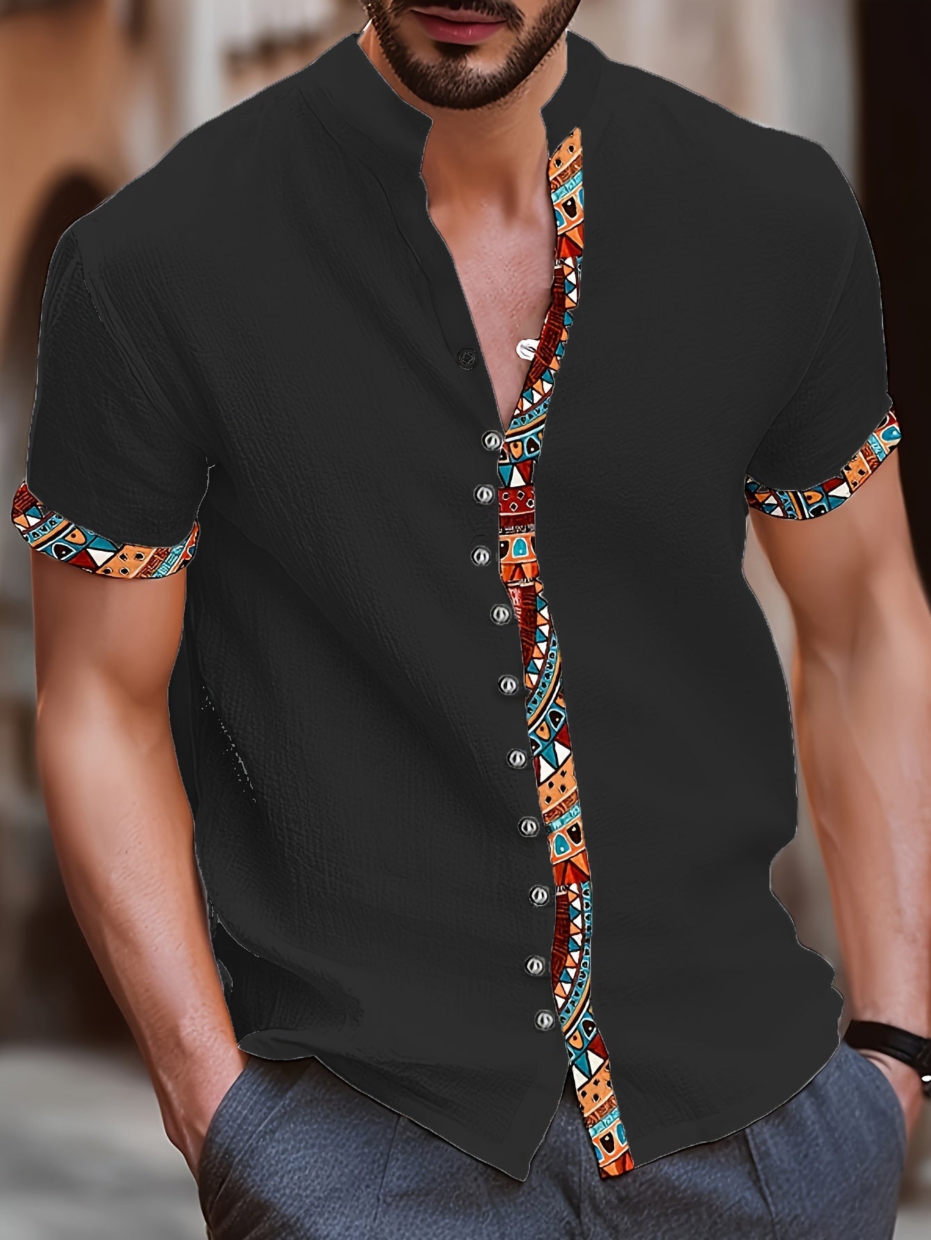 Denison | Men's Geometric Print Short Sleeve Shirt - Casual Shirt for Vacation and Everyday Wear