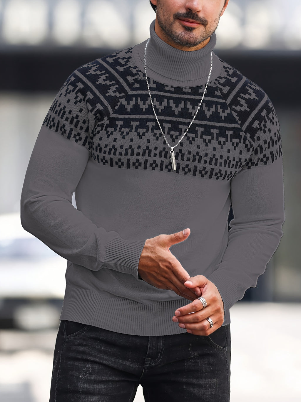 Beckett | Gebreide coltrui met geometrische grafische print, casual trui met lange mouwen voor herfst en winter