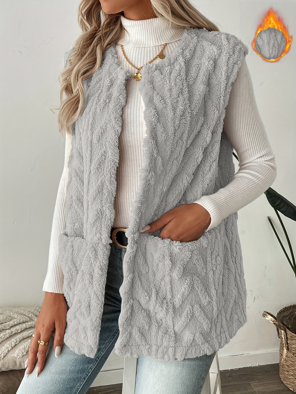 Kalista | Gebreid damesvest zonder mouwen - Warm herfst- en wintervest zonder kraag, gebreid vest met open voorkant