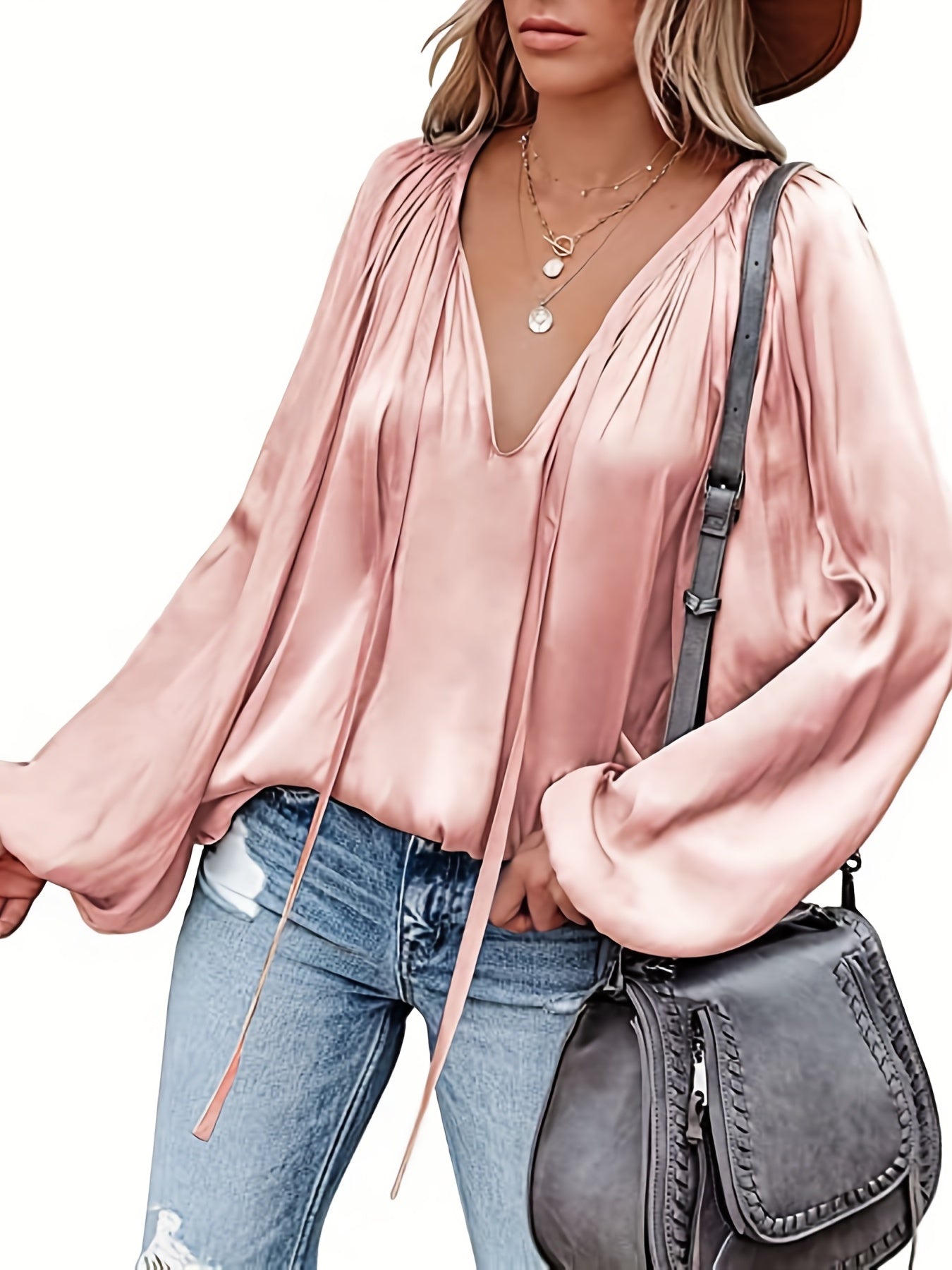 Vaiana | Women's Satin V-Neck Blouse with Lantern Sleeves - Elegant, Loose-Fitting, Dressy Top