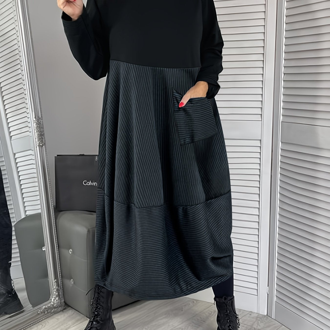 Darynelle | Elegante Zwarte A-Lijn Jurk – Midi Jurk met Lange Mouwen, Flatterende Pasvorm