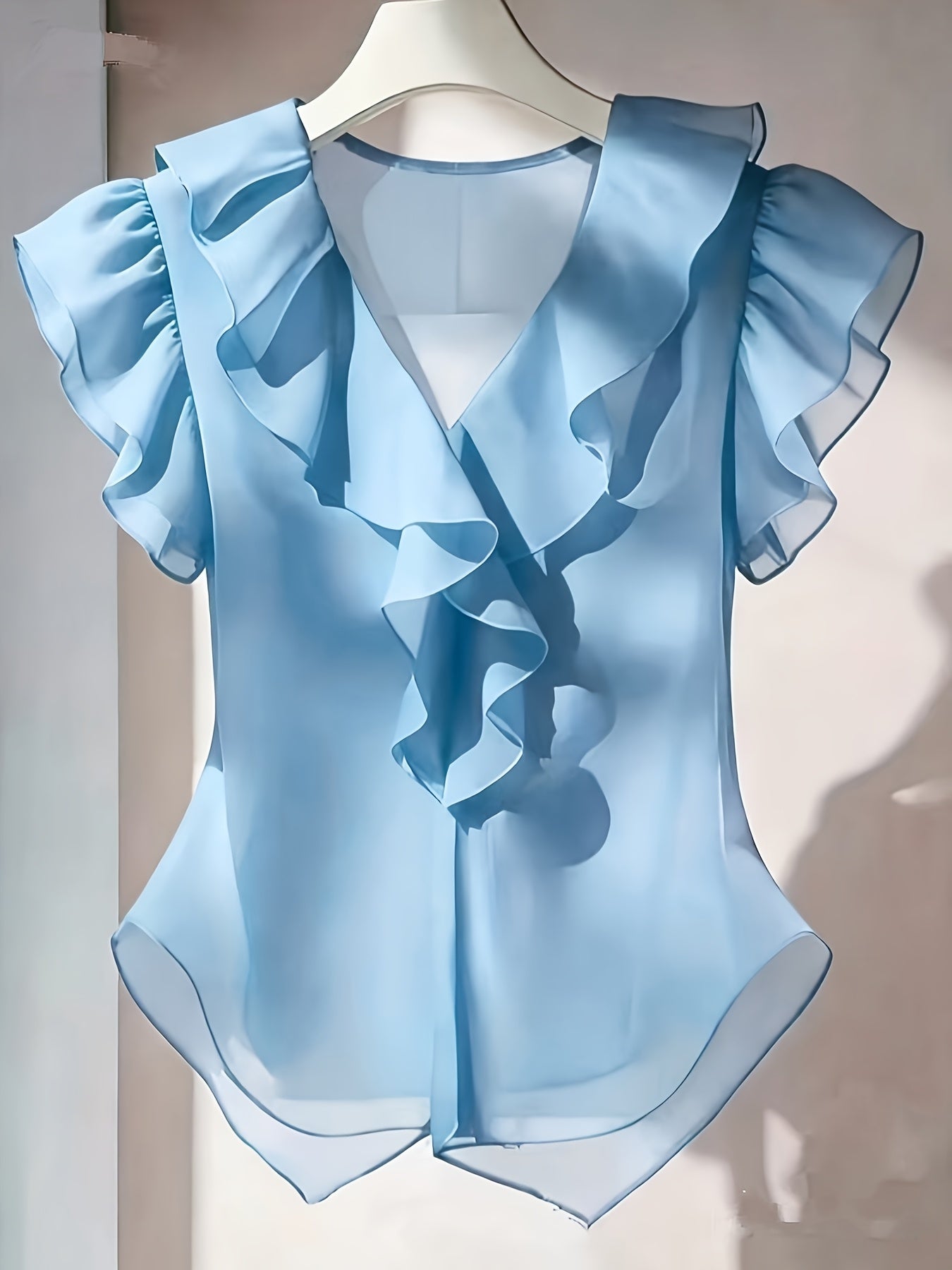 Vaenyra | Damesblouse in Franse stijl van chiffon – effen kleur met ruches en korte mouwen