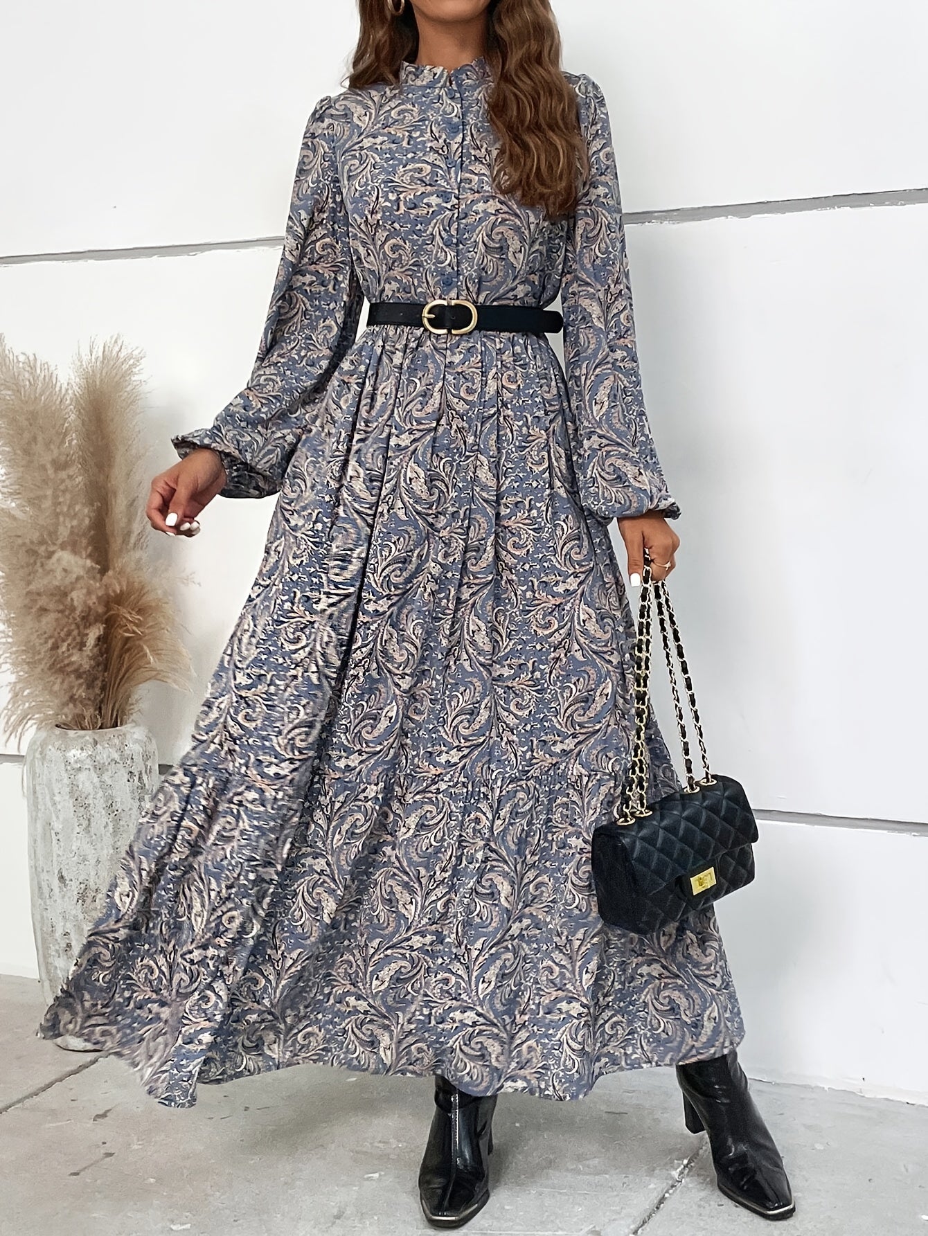 Luciana | All-over Print Button-Front Dress, Elegant Lantern Sleeve Flowy Dress for Women