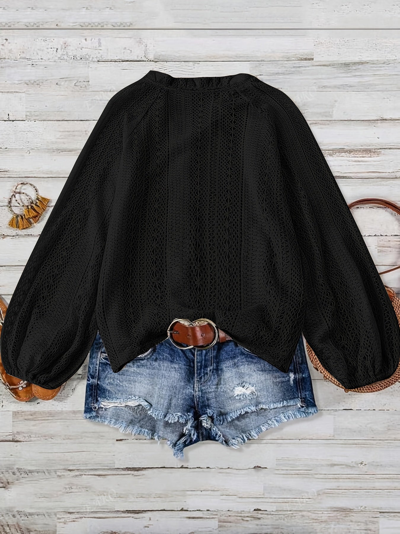 Feylira | Casual damesblouse met V-hals en kant – Lange mouwen, holle brei, knoopsluiting, semi-transparante