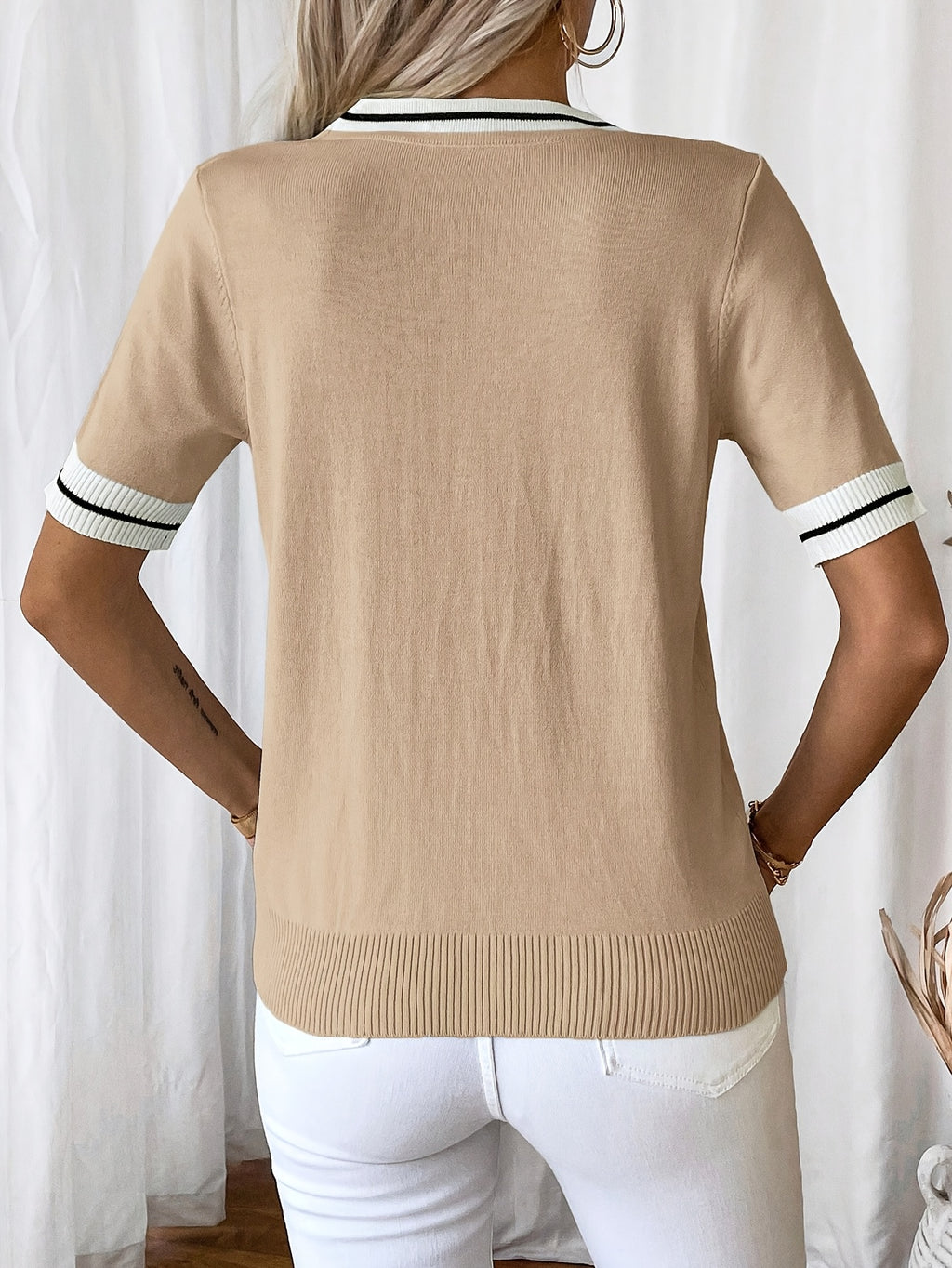 Danika | Casual V-Neck Women's T-Shirt with Tie Detail - Color Block Short Sleeve Top