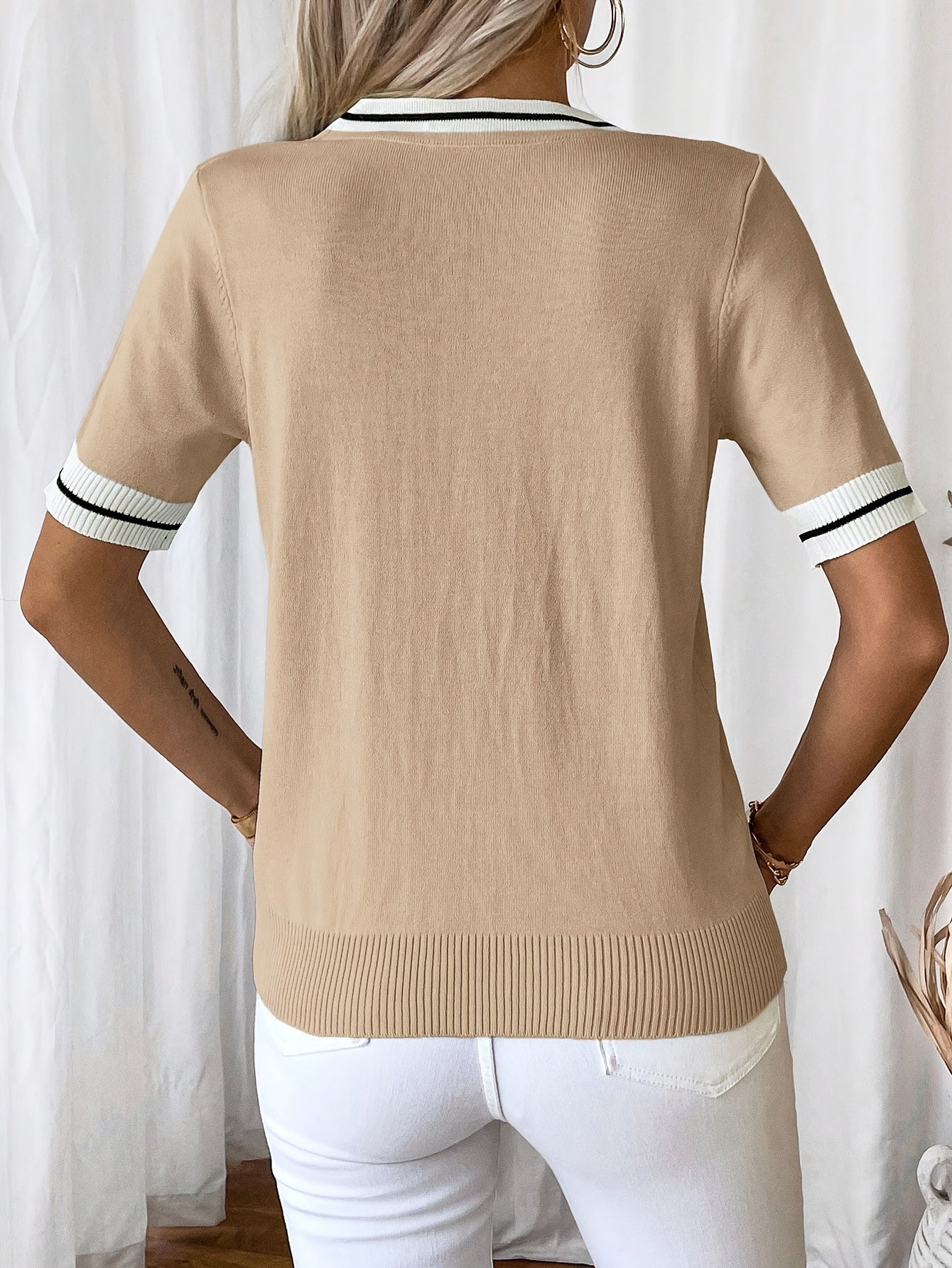 Danika | Casual V-Neck Women's T-Shirt with Tie Detail - Color Block Short Sleeve Top