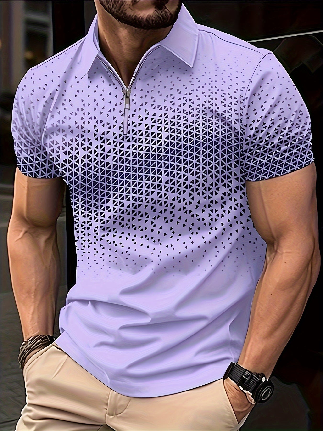 Waldred | Polo zippé géométrique pour homme - Respirant, extensible, manches courtes, coupe décontractée