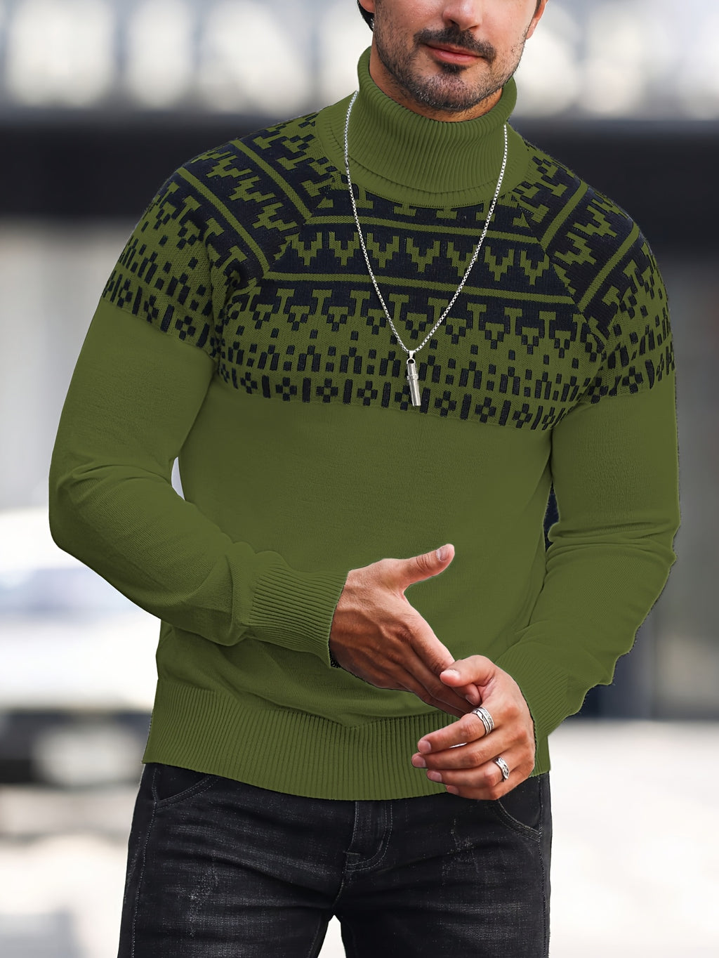 Beckett | Gebreide coltrui met geometrische grafische print, casual trui met lange mouwen voor herfst en winter