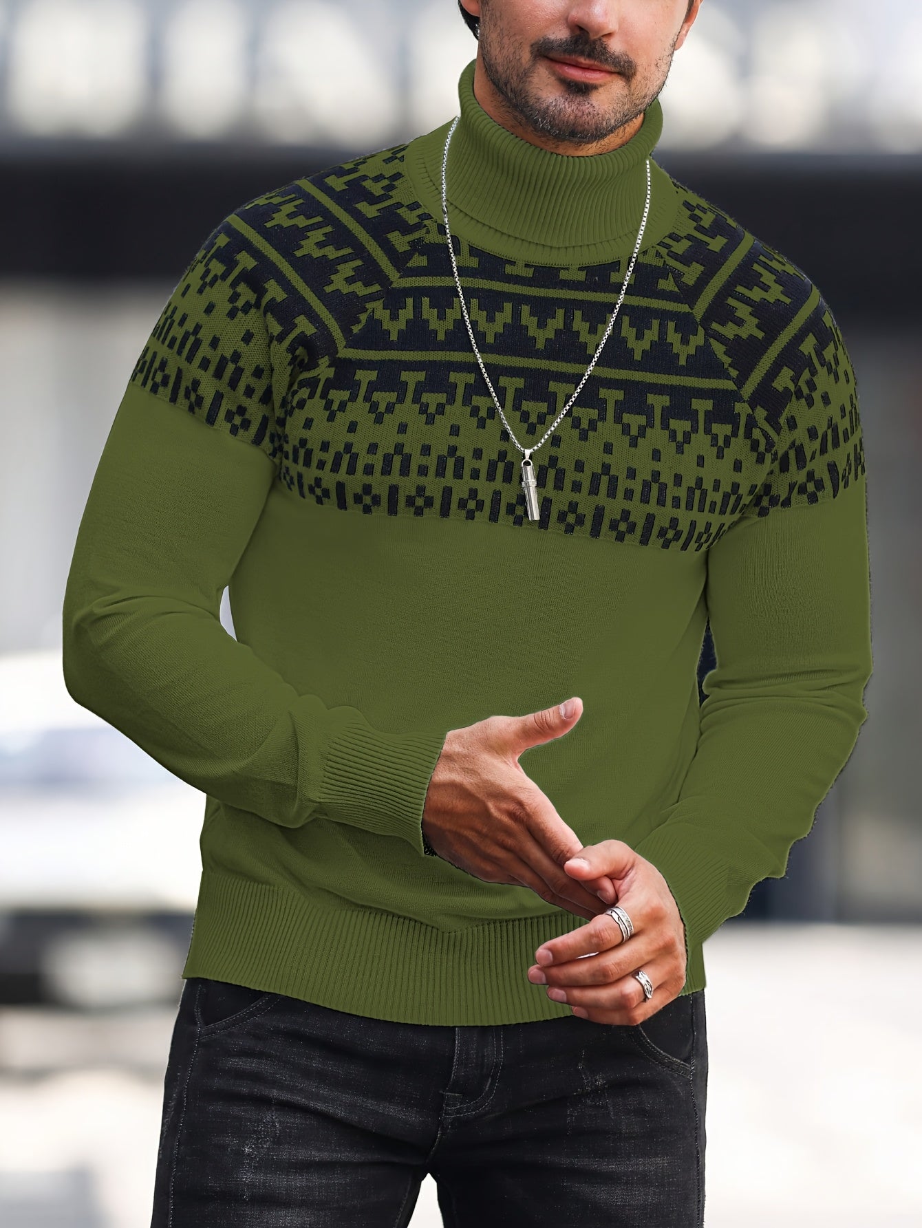 Beckett | Gebreide coltrui met geometrische grafische print, casual trui met lange mouwen voor herfst en winter