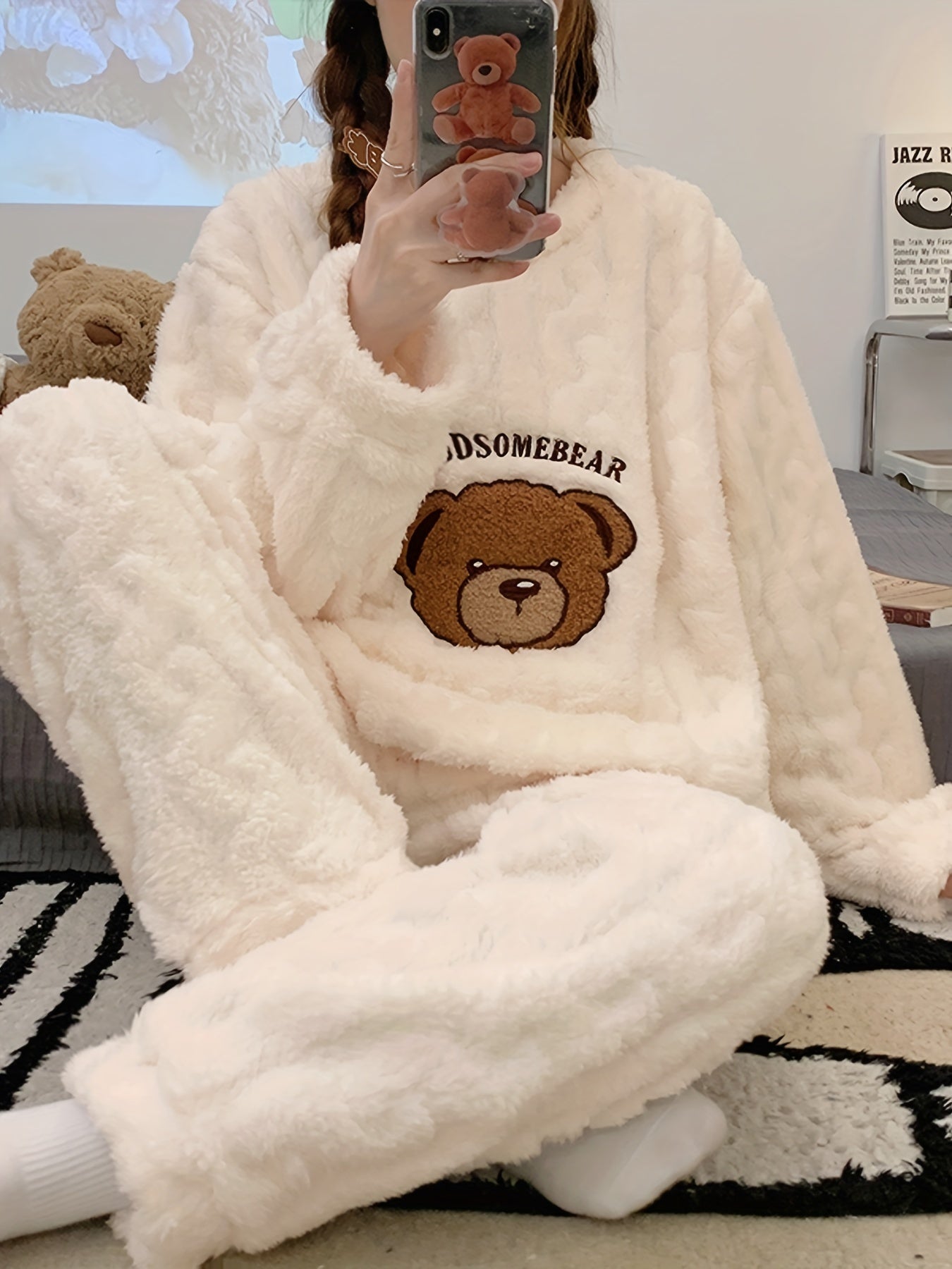 Faren | Gezellige dames fleece pyjama set - Beren borduurwerk, lange mouwen top & flanellen broek