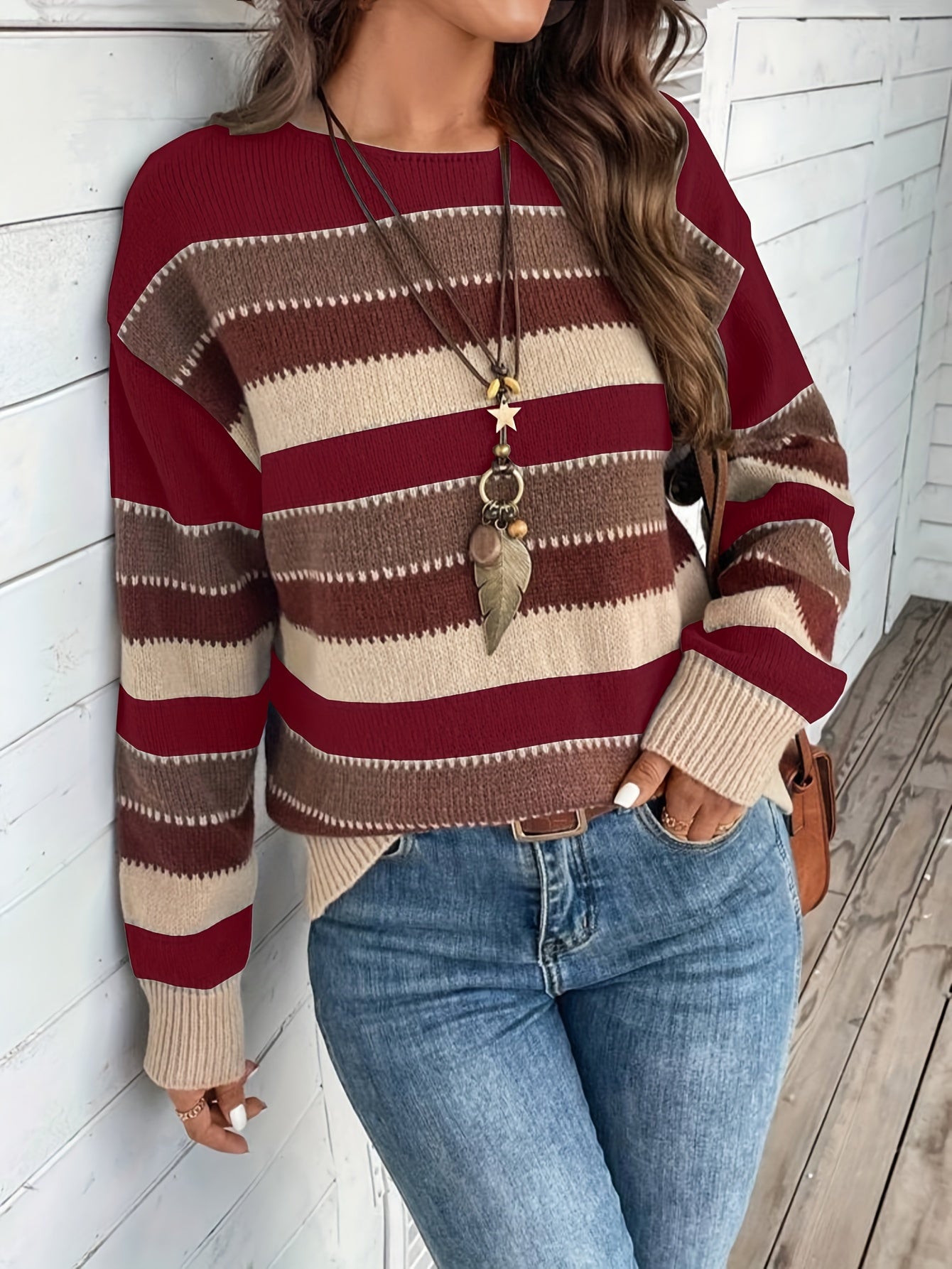 Freja | Dames Trui met Kleurblok Streepjes Ronde Hals - Vintage Pullover Met Lange Mouwen voor Vrijetijdskleding
