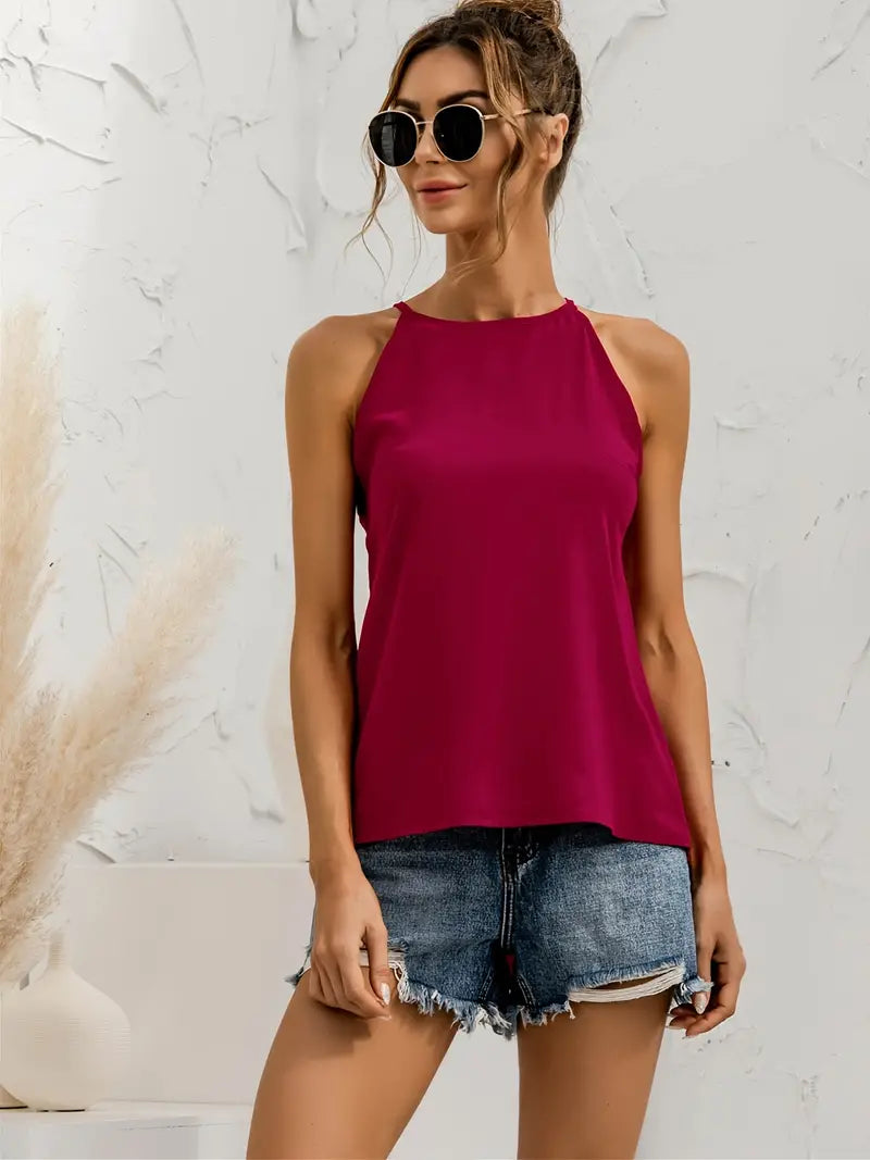 Asymmetrische haltertop Effen kleur Ronde hals Casual stijl