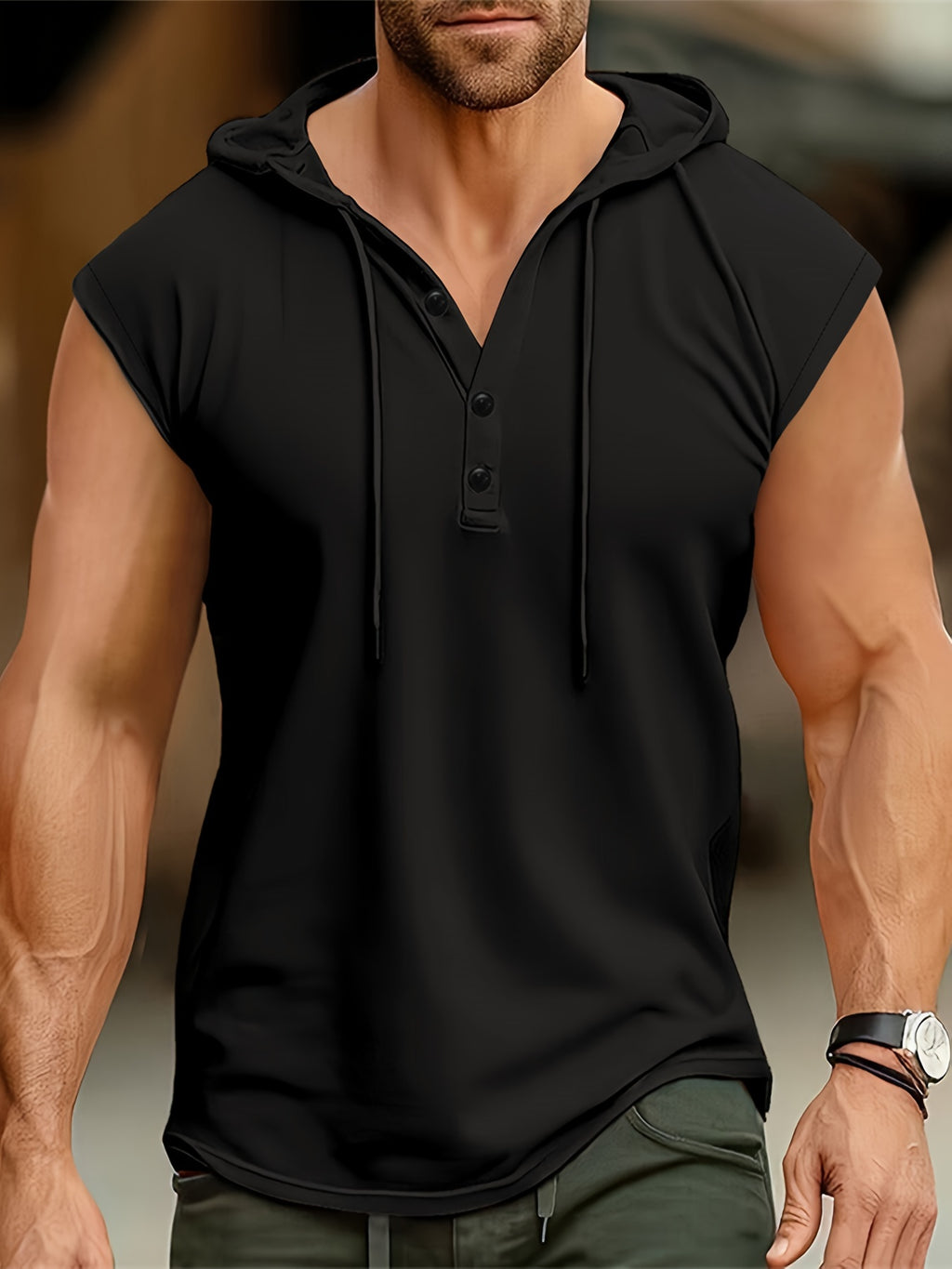 Acton | Heren mouwloze hooded Henley Tank - Ademend sportshirt