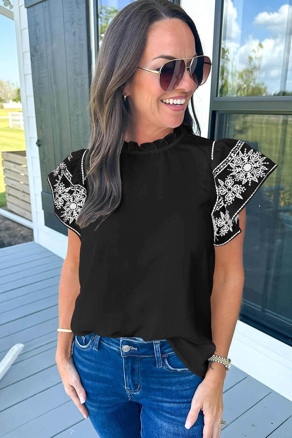 Kelsey | Geborduurde blouse met gerimpelde mouwen
