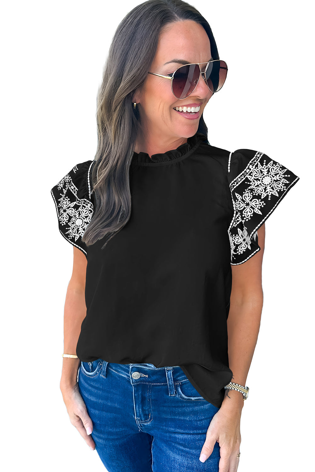 Kelsey | Geborduurde blouse met gerimpelde mouwen