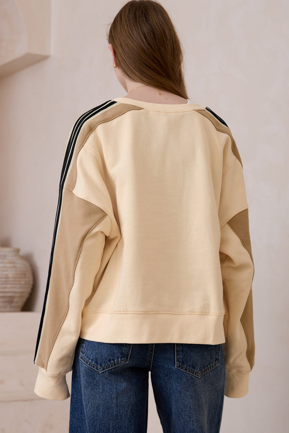 Amira | Sweat-shirt ample à rayures beiges patchwork pour femme
