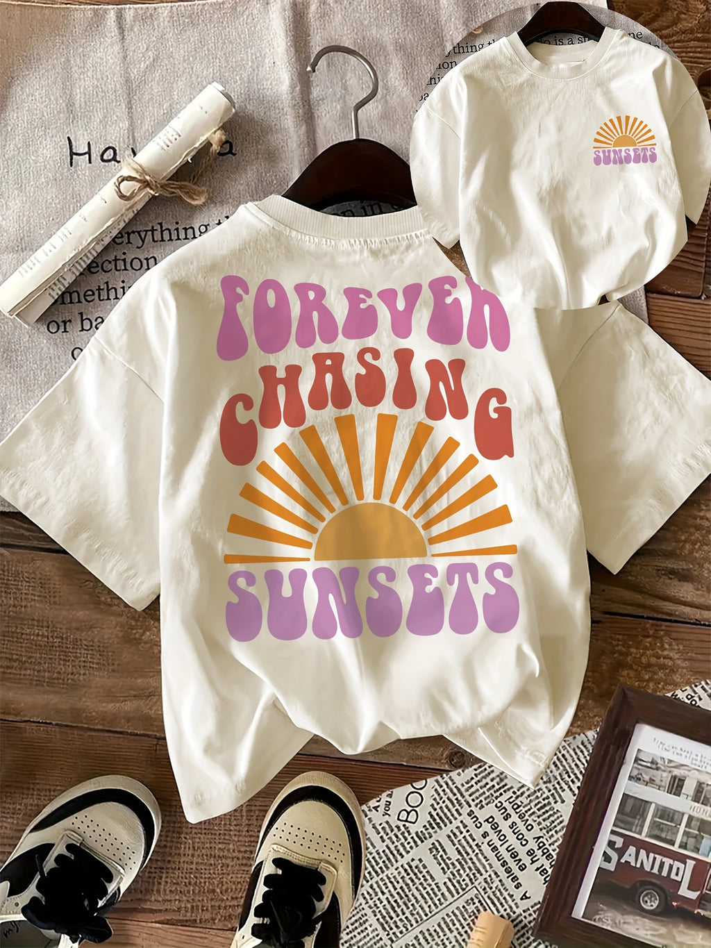 SunChase | Cotton Graphic T-Shirt for Women - "Forever Chasing Sunsets".