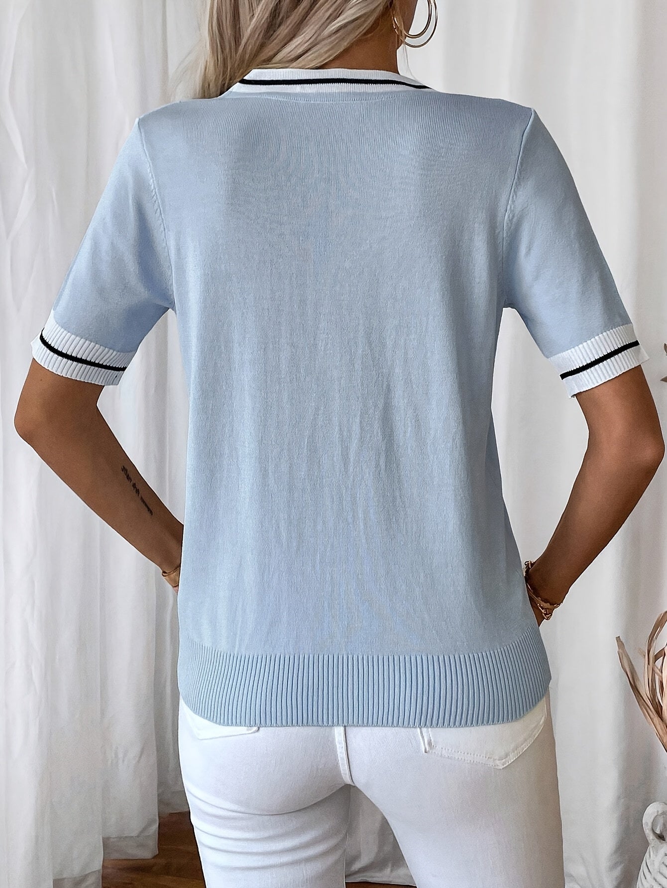 Danika | Casual V-Neck Women's T-Shirt with Tie Detail - Color Block Short Sleeve Top