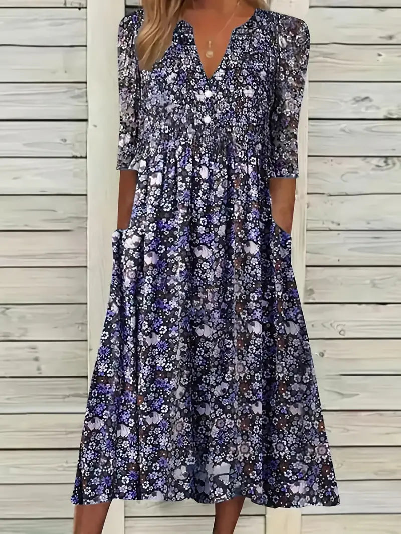 Allyn - Blossom Ditsy bloemenprint V-hals jurk met zakken