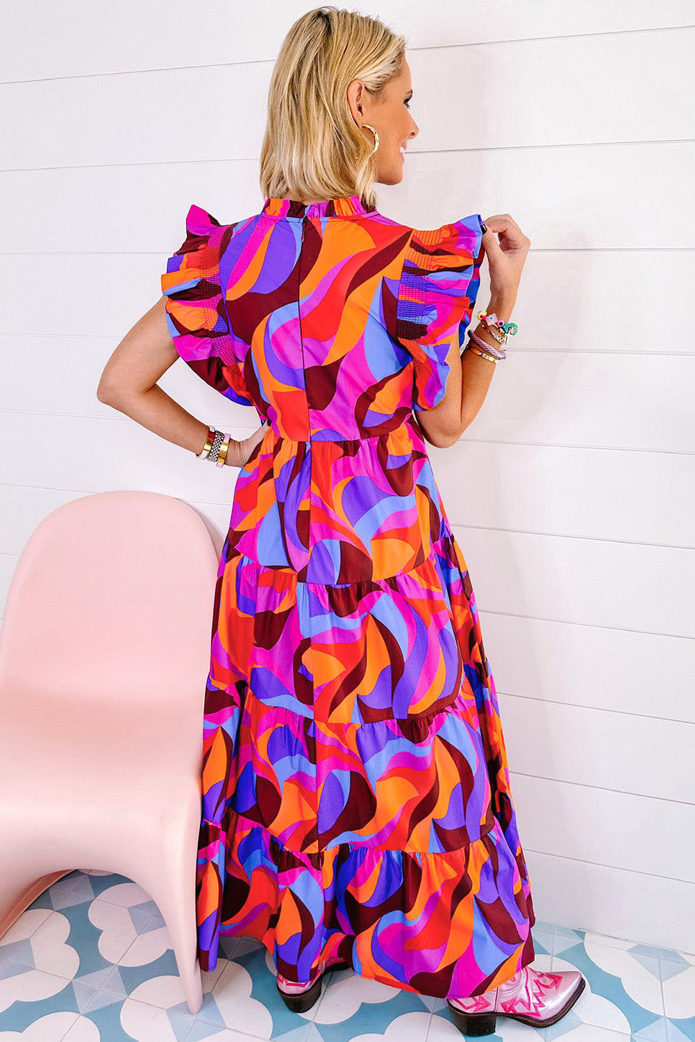 Isha | Women's dress with abstract print and high waist - ruffled sleeves, tiered skirt, flowing and elegant