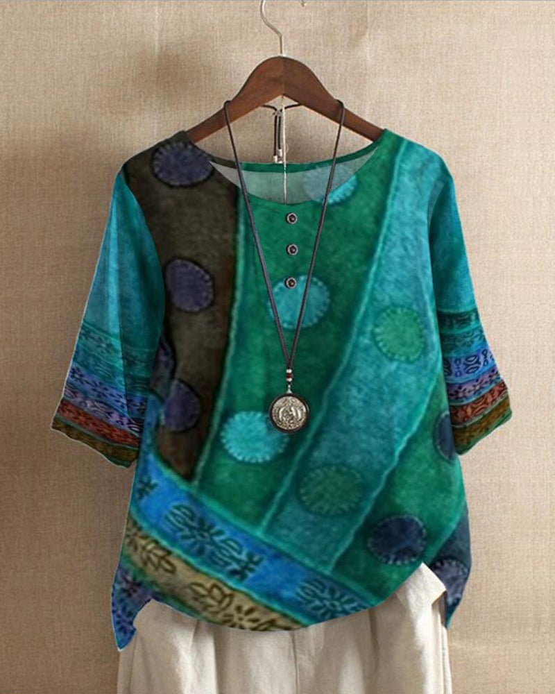 Johanne | Vintage Boho Print Top - Damestop met halve mouwen en losse pasvorm