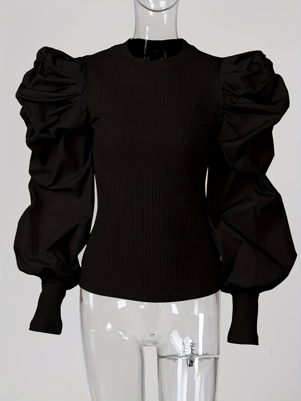Valindra | Elegant Solid Ribbed Crew Neck Blouse with Puff Sleeves