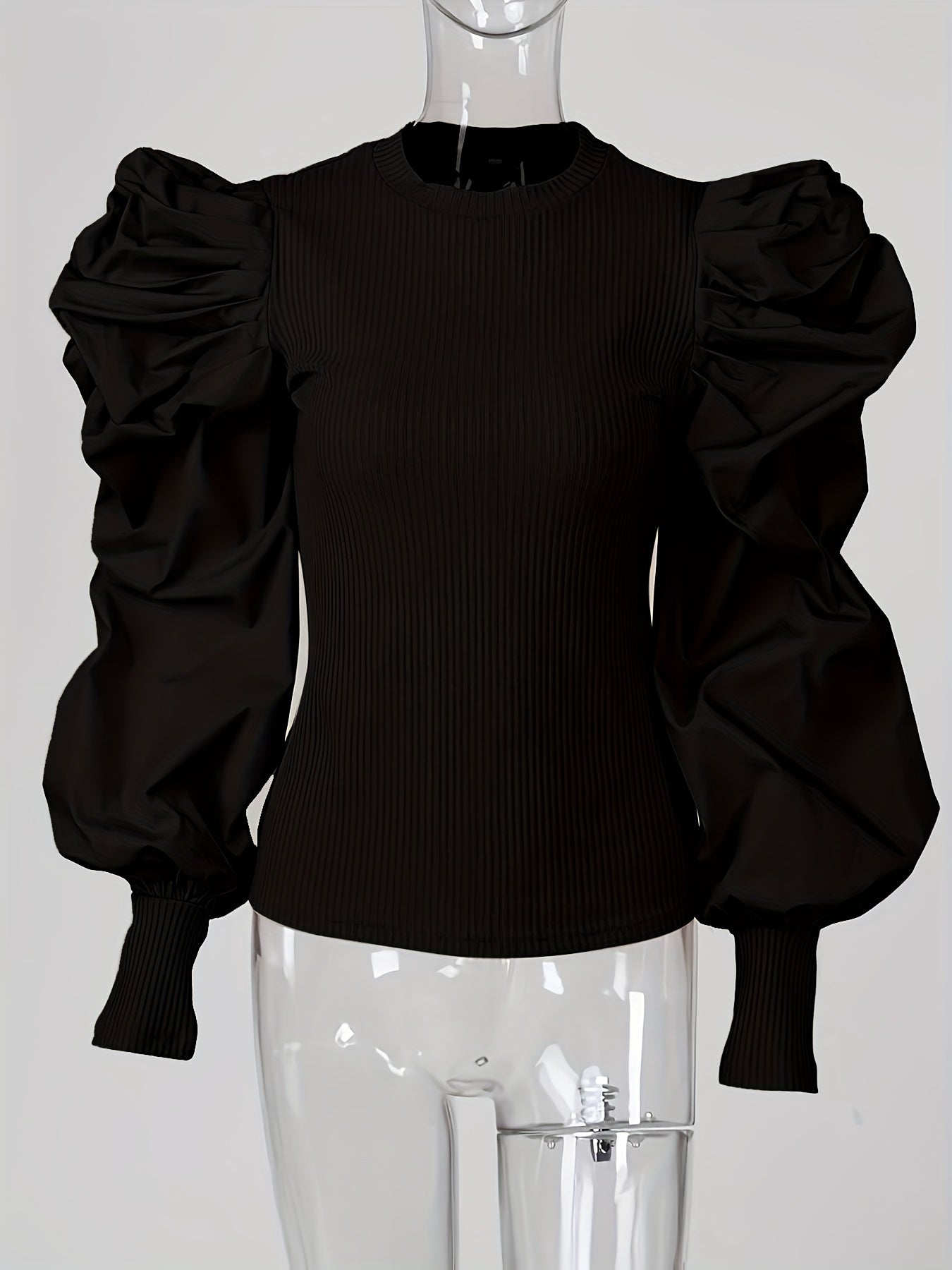 Valindra | Elegant Solid Ribbed Crew Neck Blouse with Puff Sleeves