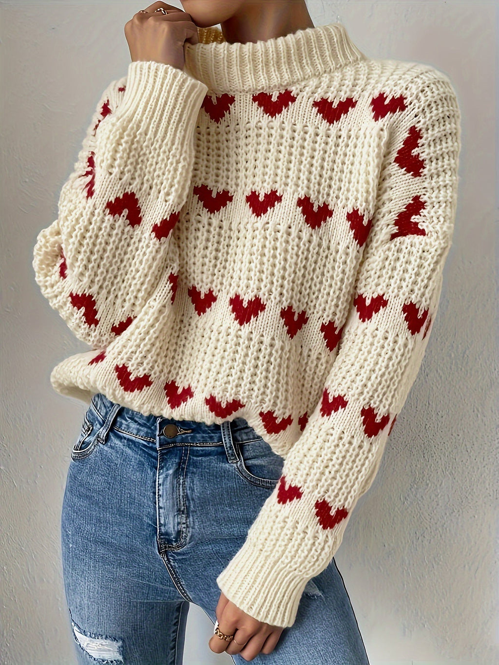 Irindra | Gebreide trui met hartpatroon - Hoge hals, Pullover met lange mouwen voor herfst-winter casual kleding