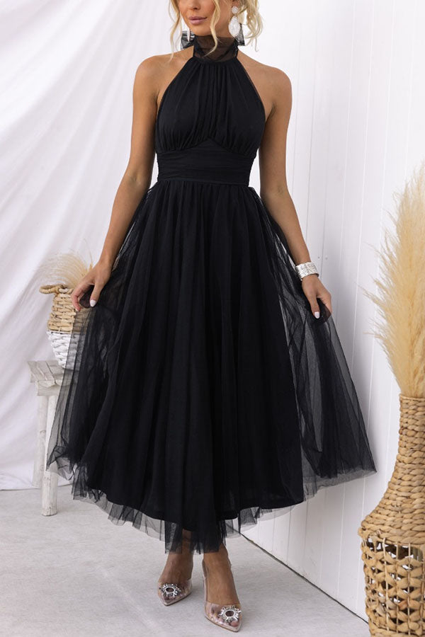 Bellina | Elegant Long Halter Neck Dress - Mesh Fabric