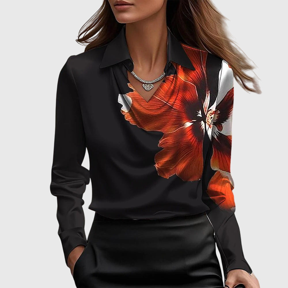 Amelthra | Elegante satijnen blouse met lange mouwen voor dames, gedrapeerd shirt met swingkraag