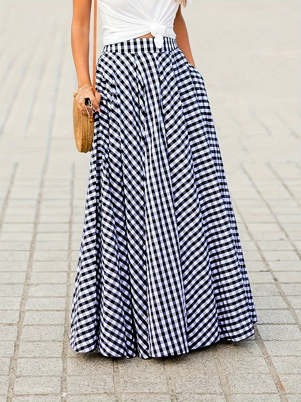 Mirthea | Gingham Midi Skirt for Women - high waist, flowy A-line, elegant and lightweight
